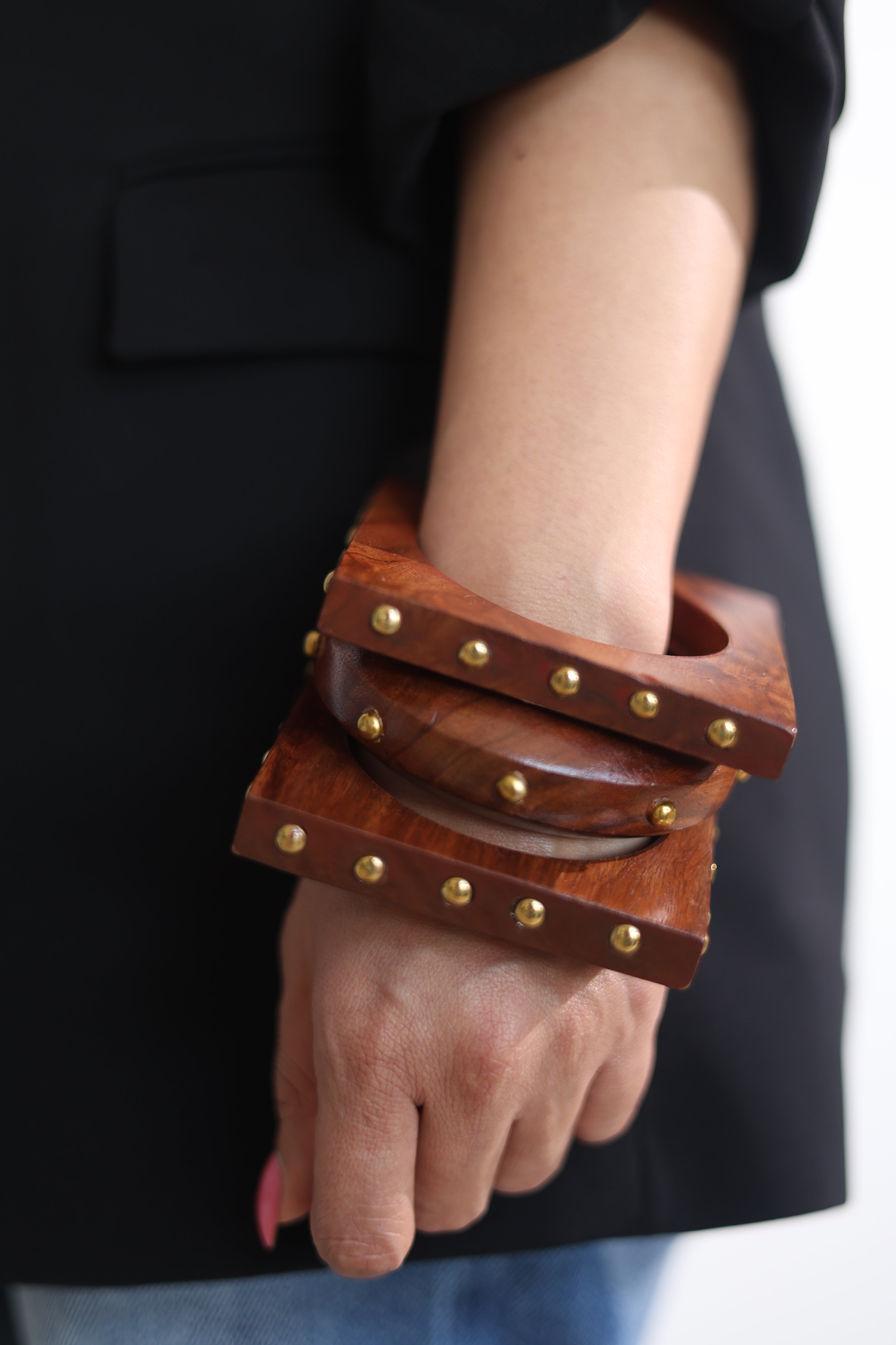 Wooden Studded Bangle Cuff Stack