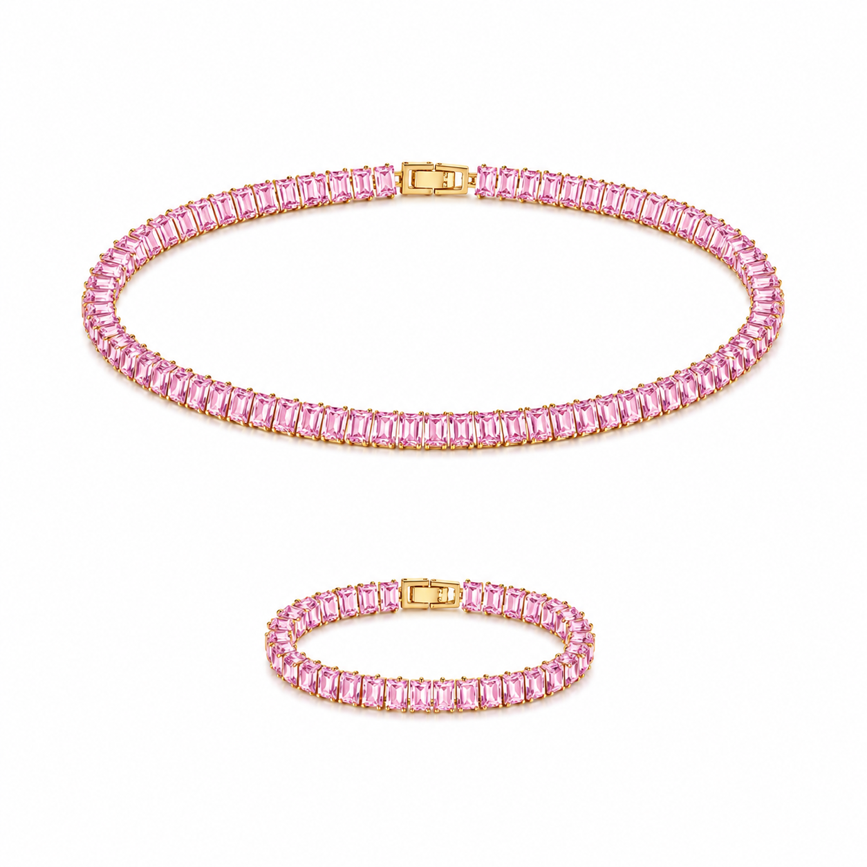Rose Pink Zircon Tennis Set | Necklace & Bracelet