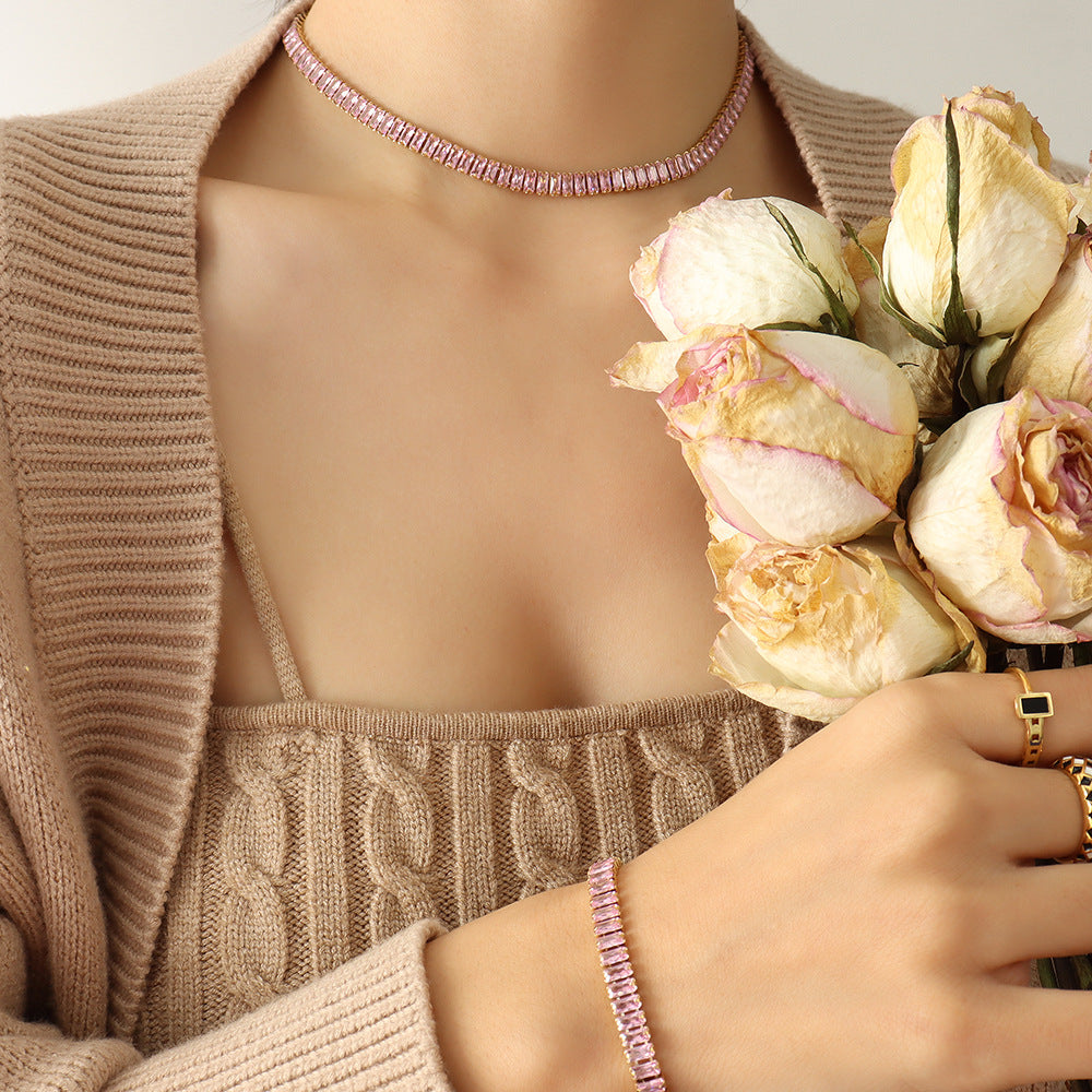 Rose Pink Zircon Tennis Set | Necklace & Bracelet
